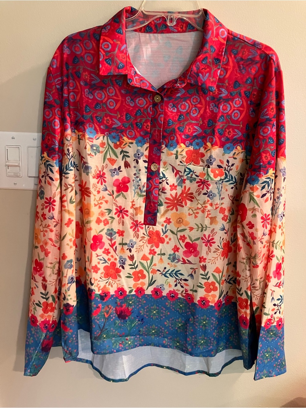 Floral Button-Placket Long Sleeve Blouse - Red Multicolor